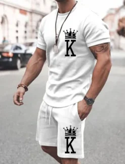 Outlet OUKU Men's Letter 2pcs Tees sets Matching Sets Short Sleeve Short Pants Crewneck Fashion Streetwear Gymnatics Outdoor Daily Wear Going out Drawstring Elastic Waist Summer Black White Pink