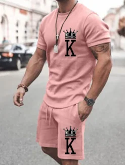 Outlet OUKU Men's Letter 2pcs Tees sets Matching Sets Short Sleeve Short Pants Crewneck Fashion Streetwear Gymnatics Outdoor Daily Wear Going out Drawstring Elastic Waist Summer Black White Pink