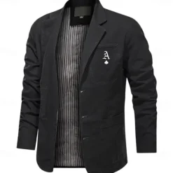 Discount OUKU Men's Letter Print Cotton Suit Jacket Suits Coat Blazer Casual Outdoor Dailywear Long Sleeve Notch Lapel Collar Outwear Pockets Button Down Stripe Lined Suit Jacket Fall Winter Black khaki Army Green