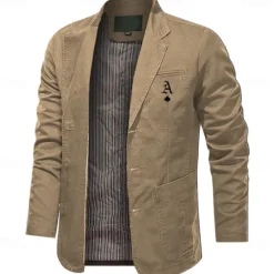Discount OUKU Men's Letter Print Cotton Suit Jacket Suits Coat Blazer Casual Outdoor Dailywear Long Sleeve Notch Lapel Collar Outwear Pockets Button Down Stripe Lined Suit Jacket Fall Winter Black khaki Army Green