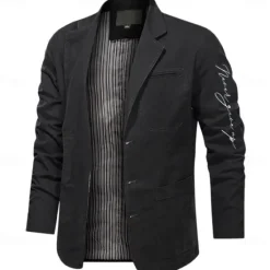 Sale OUKU Men's Letter Print Cotton Suit Jacket Suits Coat Blazer Casual Outdoor Dailywear Long Sleeve Notch Lapel Collar Outwear Pockets Button Down Stripe Lined Suit Jacket Fall Winter Black khaki Army Green