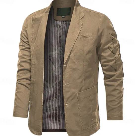Sale OUKU Men's Letter Print Cotton Suit Jacket Suits Coat Blazer Casual Outdoor Dailywear Long Sleeve Notch Lapel Collar Outwear Pockets Button Down Stripe Lined Suit Jacket Fall Winter Black khaki Army Green