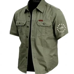 Outlet OUKU Men's Letter Printed Army Work Shirt Western Shirt Cargo Shirt Short Sleeve Casual Tactical Sports & Outdoor Going out Summer Spring Turndown Print Army Green Khaki Dark Blue Beige