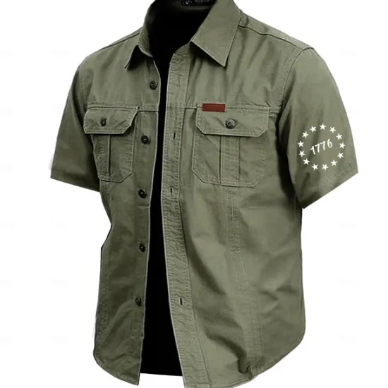 Outlet OUKU Men's Letter Printed Army Work Shirt Western Shirt Cargo Shirt Short Sleeve Casual Tactical Sports & Outdoor Going out Summer Spring Turndown Print Army Green Khaki Dark Blue Beige