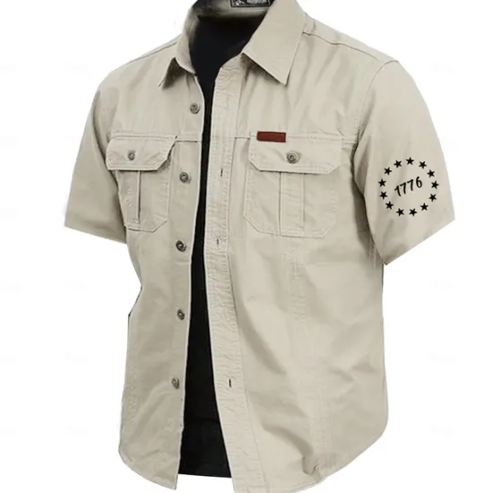 Outlet OUKU Men's Letter Printed Army Work Shirt Western Shirt Cargo Shirt Short Sleeve Casual Tactical Sports & Outdoor Going out Summer Spring Turndown Print Army Green Khaki Dark Blue Beige