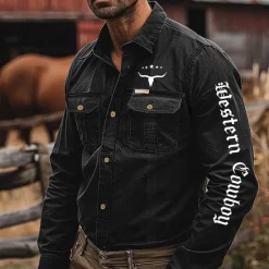 Best OUKU Men's Letter Printed Cowboy Work Shirt Western Shirt Cargo Shirt Long Sleeve Casual Tactical Sports & Outdoor Going out Winter Spring & Fall Turndown Print Black