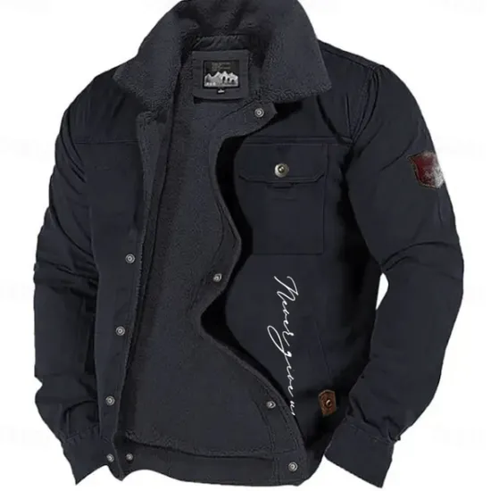 Outlet OUKU Men's Letter Printed Embroidered Fleece Jacket Sherpa Trucker Jacket Work Cargo Jacket Turn-Down Collar Warm Winter Cotton Jacket Vintage Casual Going Out Coat Multi-Pockets