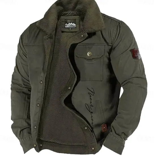 Outlet OUKU Men's Letter Printed Embroidered Fleece Jacket Sherpa Trucker Jacket Work Cargo Jacket Turn-Down Collar Warm Winter Cotton Jacket Vintage Casual Going Out Coat Multi-Pockets