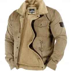 Outlet OUKU Men's Letter Printed Embroidered Fleece Jacket Sherpa Trucker Jacket Work Cargo Jacket Turn-Down Collar Warm Winter Cotton Jacket Vintage Casual Going Out Coat Multi-Pockets