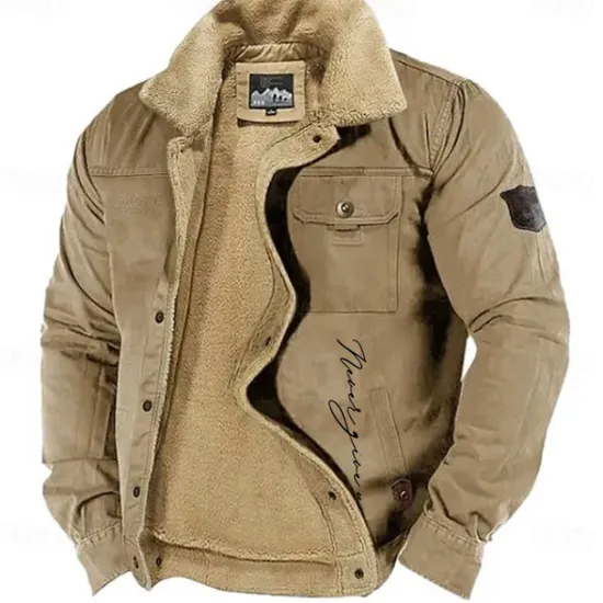 Outlet OUKU Men's Letter Printed Embroidered Fleece Jacket Sherpa Trucker Jacket Work Cargo Jacket Turn-Down Collar Warm Winter Cotton Jacket Vintage Casual Going Out Coat Multi-Pockets