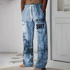 Sale OUKU Men's Letter Printed Funny Gradient Color Trousers Baggy Pants Casual Pants Mid Waist Casual Outdoor Vacation Elastic Drawstring Waist Linen-Like Pants with Pockets Spring Fall 3D Print Blue