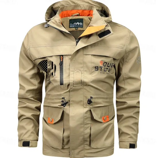 Discount OUKU Men's Letter Printed Outdoor Jacket Coat Tactical Practical Casual Sports Outdoor Daily Wear Side Pockets Zip Front Adjustable Drawstring Hood Fall Winter Standing Collar Long Sleeve khaki Army Green