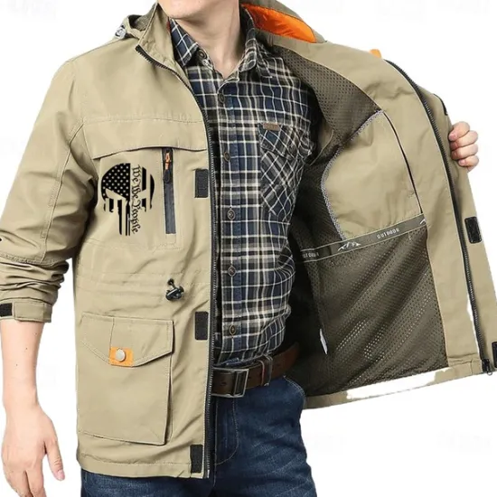 Discount OUKU Men's Letter Printed Outdoor Jacket Coat Tactical Practical Casual Sports Outdoor Daily Wear Side Pockets Zip Front Adjustable Drawstring Hood Fall Winter Standing Collar Long Sleeve khaki Army Green