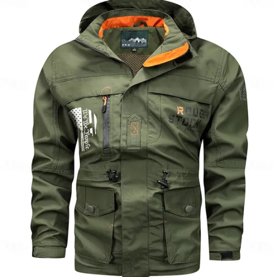 Discount OUKU Men's Letter Printed Outdoor Jacket Coat Tactical Practical Casual Sports Outdoor Daily Wear Side Pockets Zip Front Adjustable Drawstring Hood Fall Winter Standing Collar Long Sleeve khaki Army Green