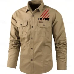 Online OUKU Men's Letter Printed Work Shirt Western Shirt Cargo Shirt Long Sleeve Casual Tactical Sports & Outdoor Going out Winter Spring & Fall Turndown Print Black Army Green Khaki Beige