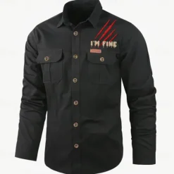 Online OUKU Men's Letter Printed Work Shirt Western Shirt Cargo Shirt Long Sleeve Casual Tactical Sports & Outdoor Going out Winter Spring & Fall Turndown Print Black Army Green Khaki Beige