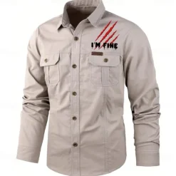 Online OUKU Men's Letter Printed Work Shirt Western Shirt Cargo Shirt Long Sleeve Casual Tactical Sports & Outdoor Going out Winter Spring & Fall Turndown Print Black Army Green Khaki Beige