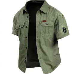 Clearance OUKU Men's Letter Printed Work Shirt Western Shirt Cargo Shirt Short Sleeve Casual Tactical Sports & Outdoor Going out Summer Spring Turndown Print Army Green Khaki Dark Blue