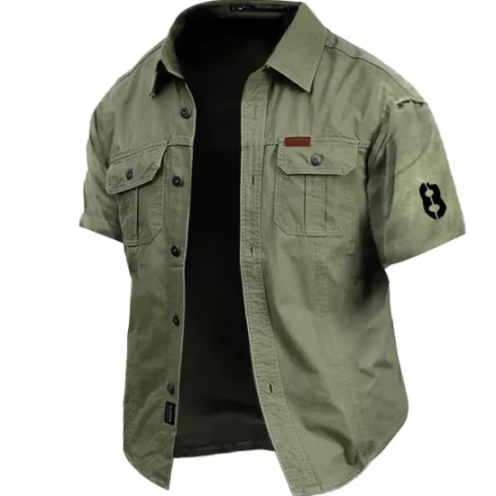 Clearance OUKU Men's Letter Printed Work Shirt Western Shirt Cargo Shirt Short Sleeve Casual Tactical Sports & Outdoor Going out Summer Spring Turndown Print Army Green Khaki Dark Blue