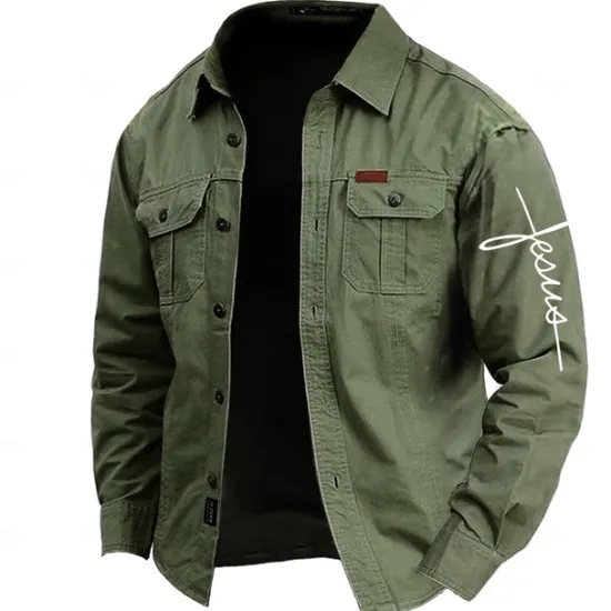 Online OUKU Men's Letter Printed Work Shirt Western Shirt Cargo Shirt Long Sleeve Casual Tactical Sports & Outdoor Going out Winter Spring & Fall Turndown Print Army Green Blue Khaki