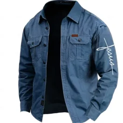 Online OUKU Men's Letter Printed Work Shirt Western Shirt Cargo Shirt Long Sleeve Casual Tactical Sports & Outdoor Going out Winter Spring & Fall Turndown Print Army Green Blue Khaki