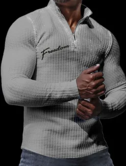 New OUKU Men's Letter Waffle Polo Shirts Long Sleeve Polo Shirts Turndown Zip Business Outdoor Casual Daily Streetwear 3D Print Fall & Winter Black White Apricot