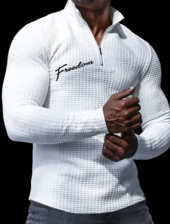 New OUKU Men's Letter Waffle Polo Shirts Long Sleeve Polo Shirts Turndown Zip Business Outdoor Casual Daily Streetwear 3D Print Fall & Winter Black White Apricot