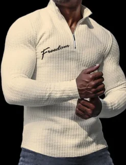 New OUKU Men's Letter Waffle Polo Shirts Long Sleeve Polo Shirts Turndown Zip Business Outdoor Casual Daily Streetwear 3D Print Fall & Winter Black White Apricot
