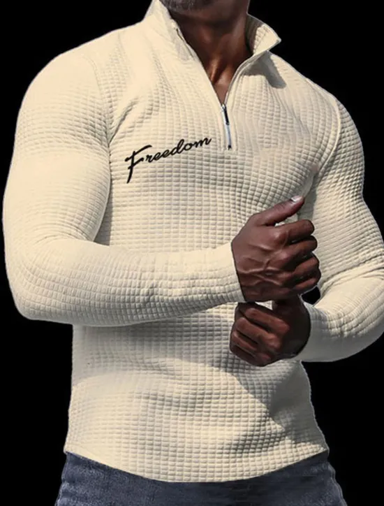 New OUKU Men's Letter Waffle Polo Shirts Long Sleeve Polo Shirts Turndown Zip Business Outdoor Casual Daily Streetwear 3D Print Fall & Winter Black White Apricot