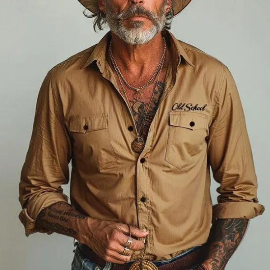 Discount OUKU Men's Letter Western Shirt Cowboy Shirt Long Sleeve Vintage Western Style Tribal Outdoor Vacation Horse Race Spring & Summer Turndown Print Button-Down Khaki