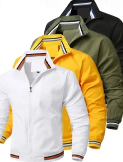 Hot OUKU Men's Lightweight Jacket Bomber Jacket Daily Vacation Pocket Spring & Fall Plain Fashion Classic Lapel Regular Black White Yellow Light Green Dark Blue Jacket