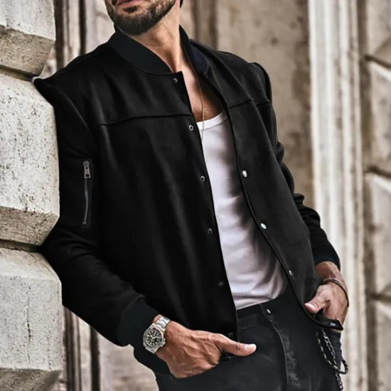 Sale OUKU Men's Lightweight Jacket Bomber Jacket Bomber Leather Jacket Daily Vacation Soft Pocket Spring & Fall Plain Fashion Classic Stand Collar Regular Apricot Black Red Navy Blue Brown Jacket