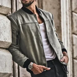 Sale OUKU Men's Lightweight Jacket Bomber Jacket Bomber Leather Jacket Daily Vacation Soft Pocket Spring & Fall Plain Fashion Classic Stand Collar Regular Apricot Black Red Navy Blue Brown Jacket