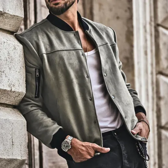Sale OUKU Men's Lightweight Jacket Bomber Jacket Bomber Leather Jacket Daily Vacation Soft Pocket Spring & Fall Plain Fashion Classic Stand Collar Regular Apricot Black Red Navy Blue Brown Jacket