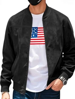 Online OUKU Men's Lightweight Jacket Bomber Jacket Cargo Jacket Transition Jacket Vacation Daily Warm Pocket Fall & Winter Plain Fashion Classic Stand Collar Regular Black Navy Blue Blue Brown Army Green Jacket
