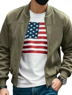 Online OUKU Men's Lightweight Jacket Bomber Jacket Cargo Jacket Transition Jacket Vacation Daily Warm Pocket Fall & Winter Plain Fashion Classic Stand Collar Regular Black Navy Blue Blue Brown Army Green Jacket