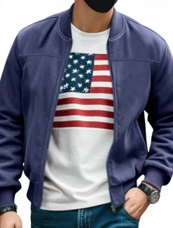 Online OUKU Men's Lightweight Jacket Bomber Jacket Cargo Jacket Transition Jacket Vacation Daily Warm Pocket Fall & Winter Plain Fashion Classic Stand Collar Regular Black Navy Blue Blue Brown Army Green Jacket