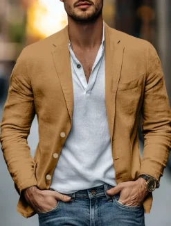 Hot OUKU Men's Lightweight Jacket Blazer Jacket Formal Office Fashion Daily Spring & Summer Cotton And Linen Solid Color Comfy Single Breasted Blazer Light Green Navy Blue Brown Beige