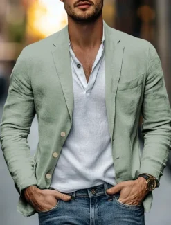 Hot OUKU Men's Lightweight Jacket Blazer Jacket Formal Office Fashion Daily Spring & Summer Cotton And Linen Solid Color Comfy Single Breasted Blazer Light Green Navy Blue Brown Beige
