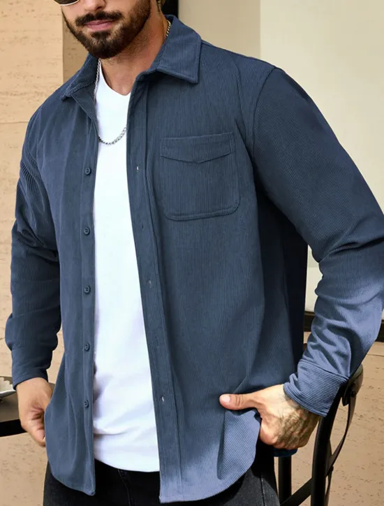 Hot OUKU Men's Lightweight Jacket Corduroy Jacket Casual Jacket Vacation Daily Wearproof Pocket Spring Fall Plain Fashion Classic Lapel Regular Black Navy Blue Camel Brown Khaki Jacket