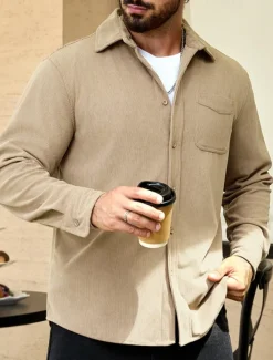 Hot OUKU Men's Lightweight Jacket Corduroy Jacket Casual Jacket Vacation Daily Wearproof Pocket Spring Fall Plain Fashion Classic Lapel Regular Black Navy Blue Camel Brown Khaki Jacket