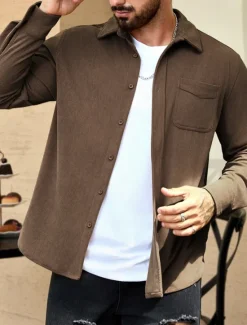 Hot OUKU Men's Lightweight Jacket Corduroy Jacket Casual Jacket Vacation Daily Wearproof Pocket Spring Fall Plain Fashion Classic Lapel Regular Black Navy Blue Camel Brown Khaki Jacket