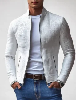Outlet OUKU Men's Lightweight Jacket Casual Jacket Vacation Daily Wearproof Pocket Spring Fall Plain Fashion Classic Stand Collar Regular Jacket White