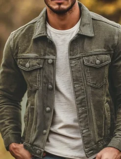 New OUKU Men's Lightweight Jacket Denim Jacket Chore Jacket Formal Home Pocket Winter Spring & Fall Solid Color Retro Vintage Shirt Collar Regular Jacket Brown