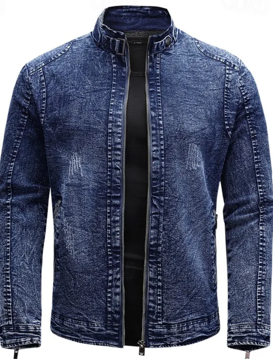 Sale OUKU Men's Lightweight Jacket Jean Jacket Denim Jacket Formal Home Windbreaker Zipper Spring Fall Winter Solid Color Fashion Stand Collar Regular Black Blue Jacket