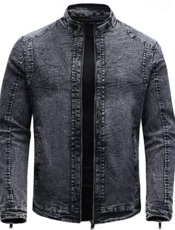 Sale OUKU Men's Lightweight Jacket Jean Jacket Denim Jacket Formal Home Windbreaker Zipper Spring Fall Winter Solid Color Fashion Stand Collar Regular Black Blue Jacket