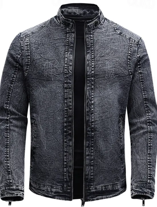 Sale OUKU Men's Lightweight Jacket Jean Jacket Denim Jacket Formal Home Windbreaker Zipper Spring Fall Winter Solid Color Fashion Stand Collar Regular Black Blue Jacket