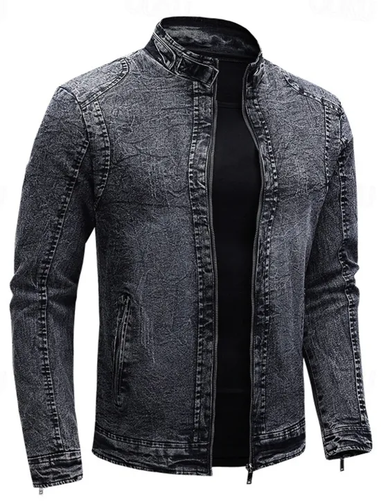 Sale OUKU Men's Lightweight Jacket Jean Jacket Denim Jacket Formal Home Windbreaker Zipper Spring Fall Winter Solid Color Fashion Stand Collar Regular Black Blue Jacket