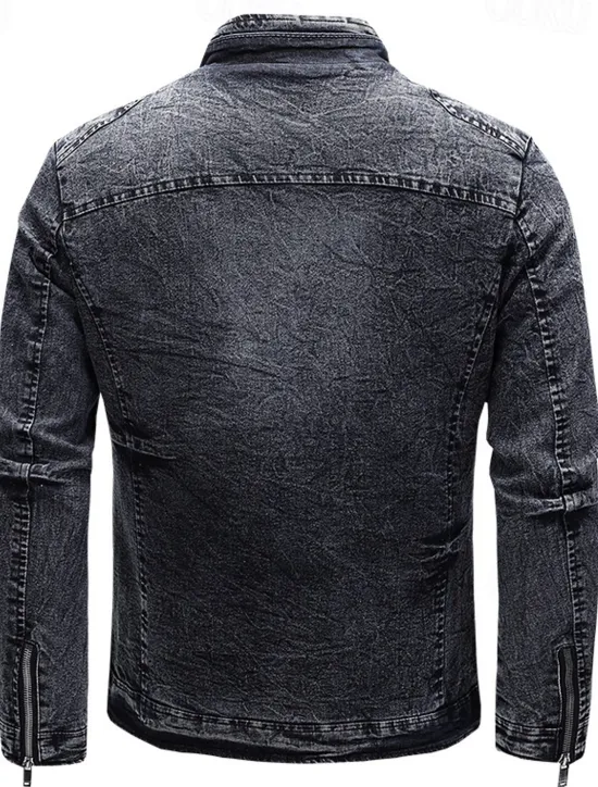 Sale OUKU Men's Lightweight Jacket Jean Jacket Denim Jacket Formal Home Windbreaker Zipper Spring Fall Winter Solid Color Fashion Stand Collar Regular Black Blue Jacket