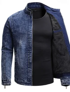 Sale OUKU Men's Lightweight Jacket Jean Jacket Denim Jacket Formal Home Windbreaker Zipper Spring Fall Winter Solid Color Fashion Stand Collar Regular Black Blue Jacket